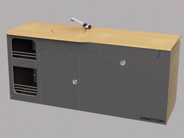 Modulo cucina modulare con superficie in legno e spazio di archiviazione.