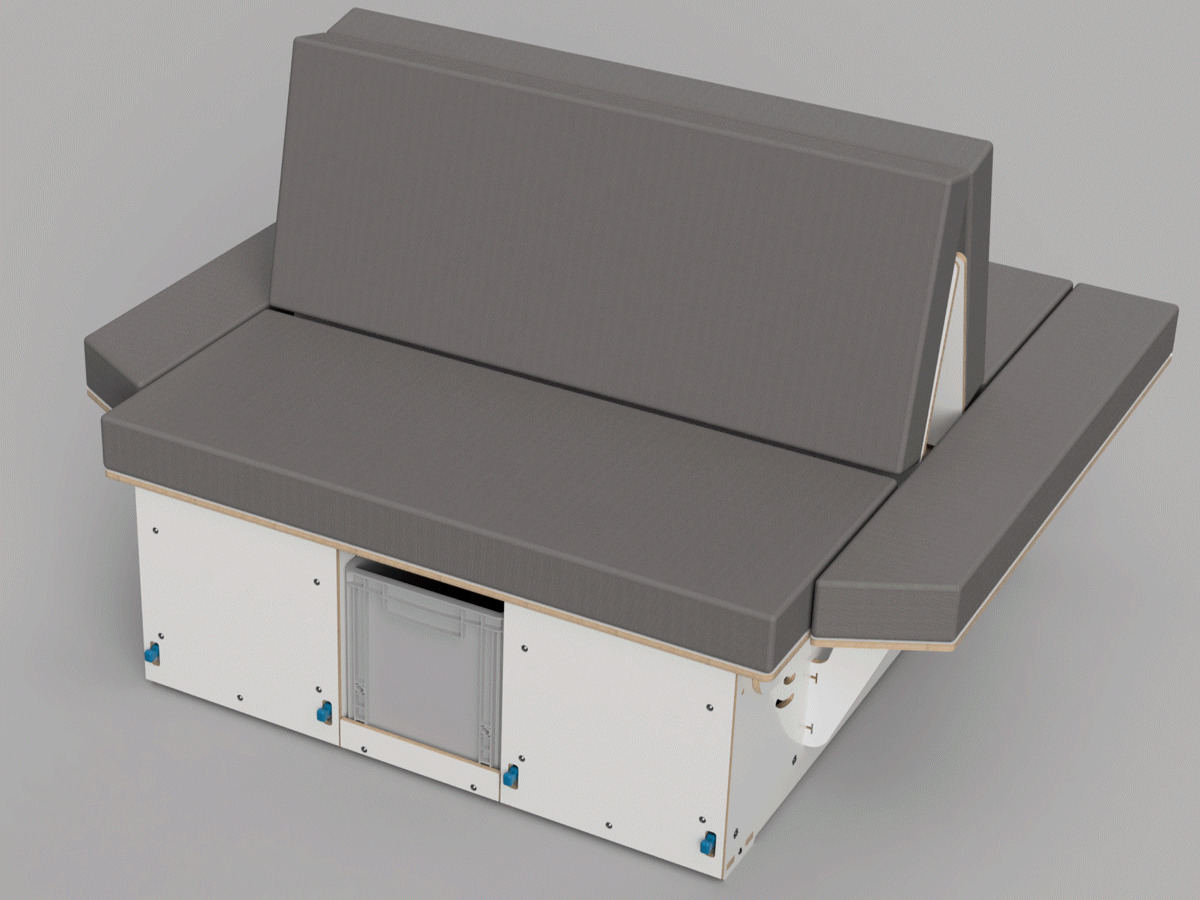 Modulares Camping-Bett-System mit grauem Polster, das vielseitige Nutzungsmöglichkeiten für komfortables Schlafen im Auto bietet.