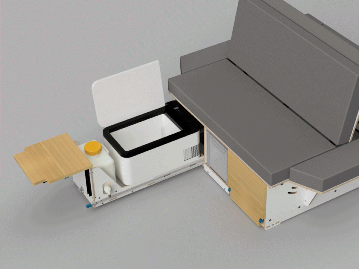 Modulare Campingbox mit integrierter Arbeitsfläche und Stauraum, ideal für Outdoor-Aktivitäten und Campingausflüge.