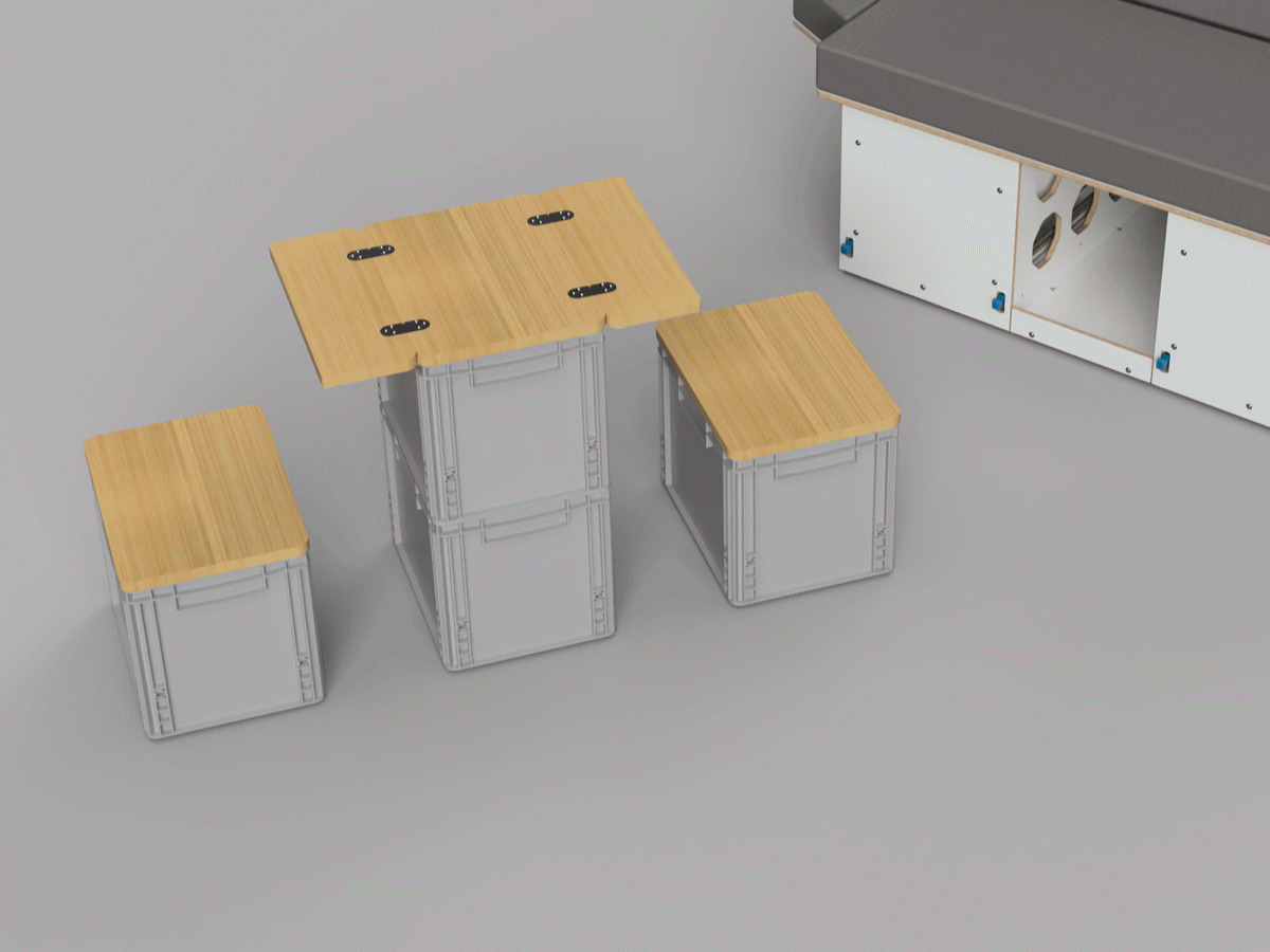 Modulares Camping-Möbelset bestehend aus zwei Hockern und einem Tisch mit Holzoberfläche.