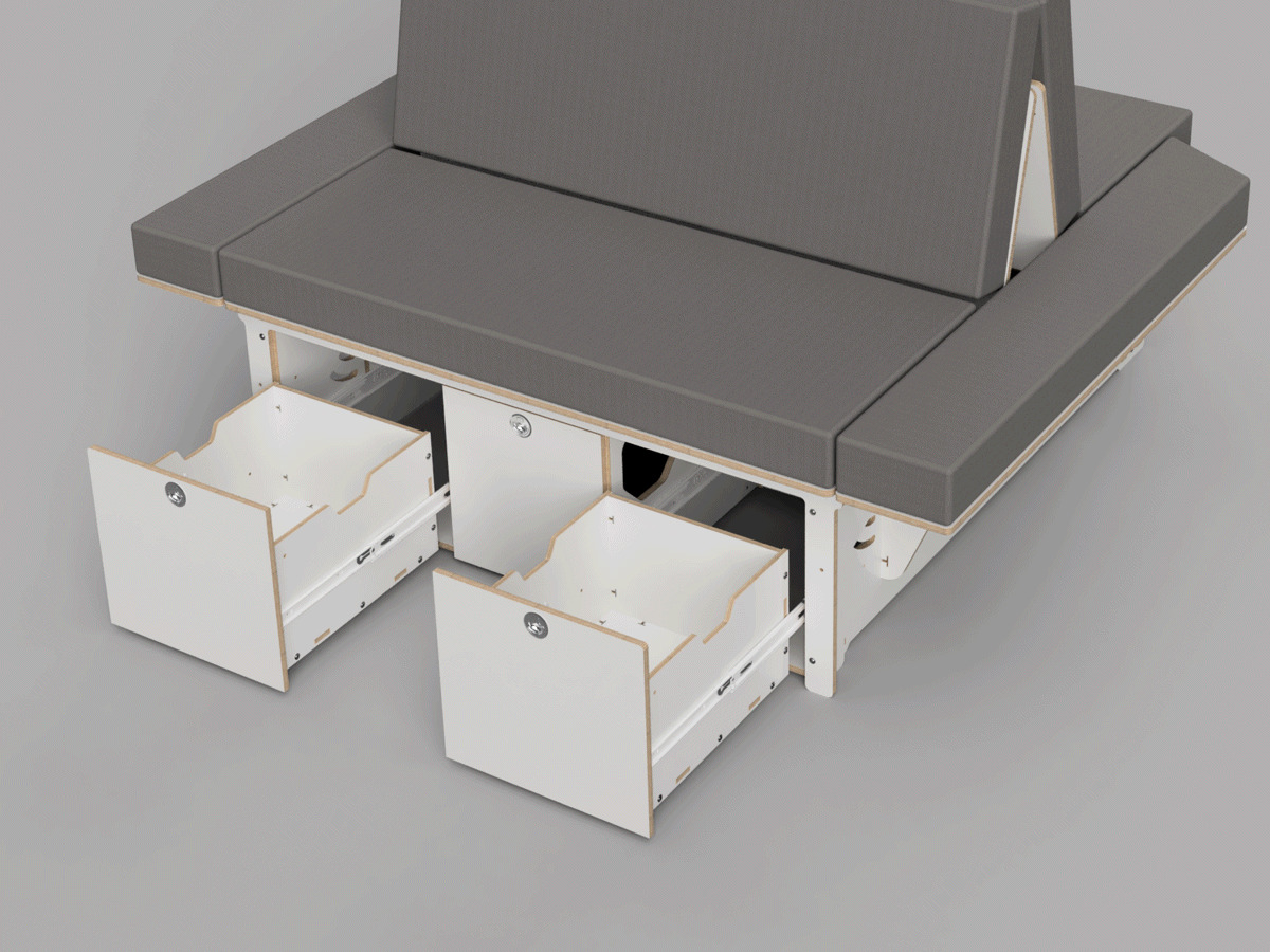 Das Bild zeigt ein modulares Camping-Bettsystem mit integrierten Schubladen, das Funktionalität und Komfort für Outdoor-Abenteuer bietet.